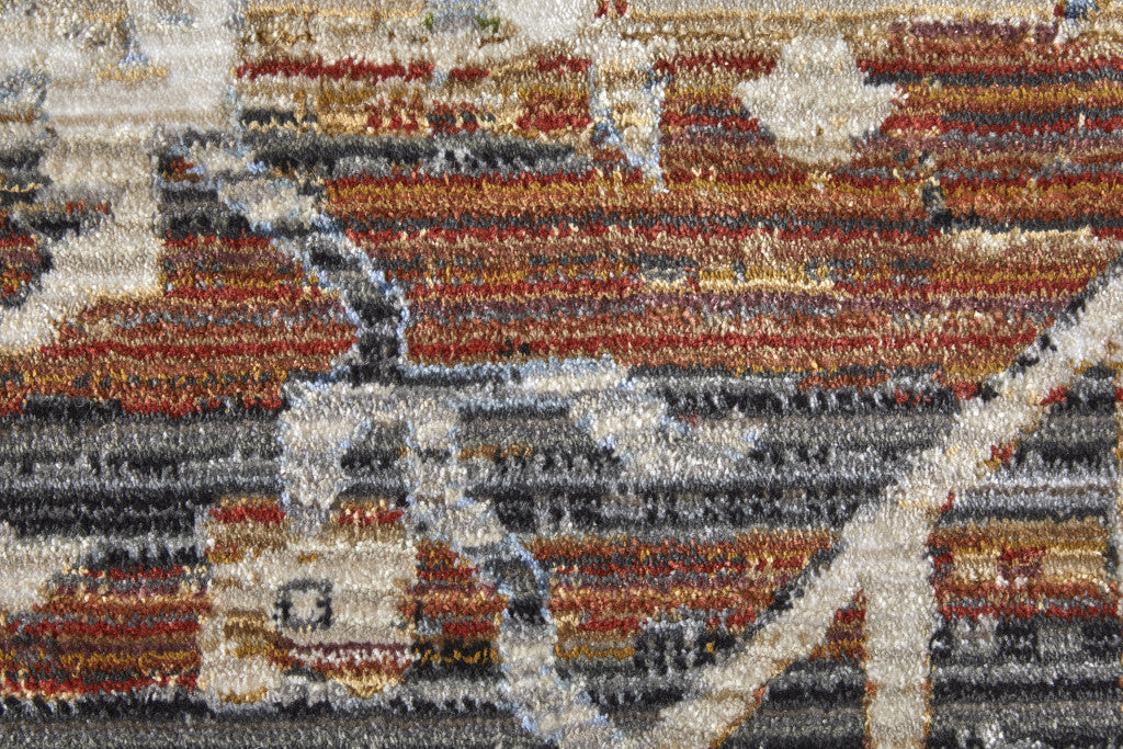 9' X 13' Ivory Red and Blue Abstract Power Loom Worn Faded Area Rug