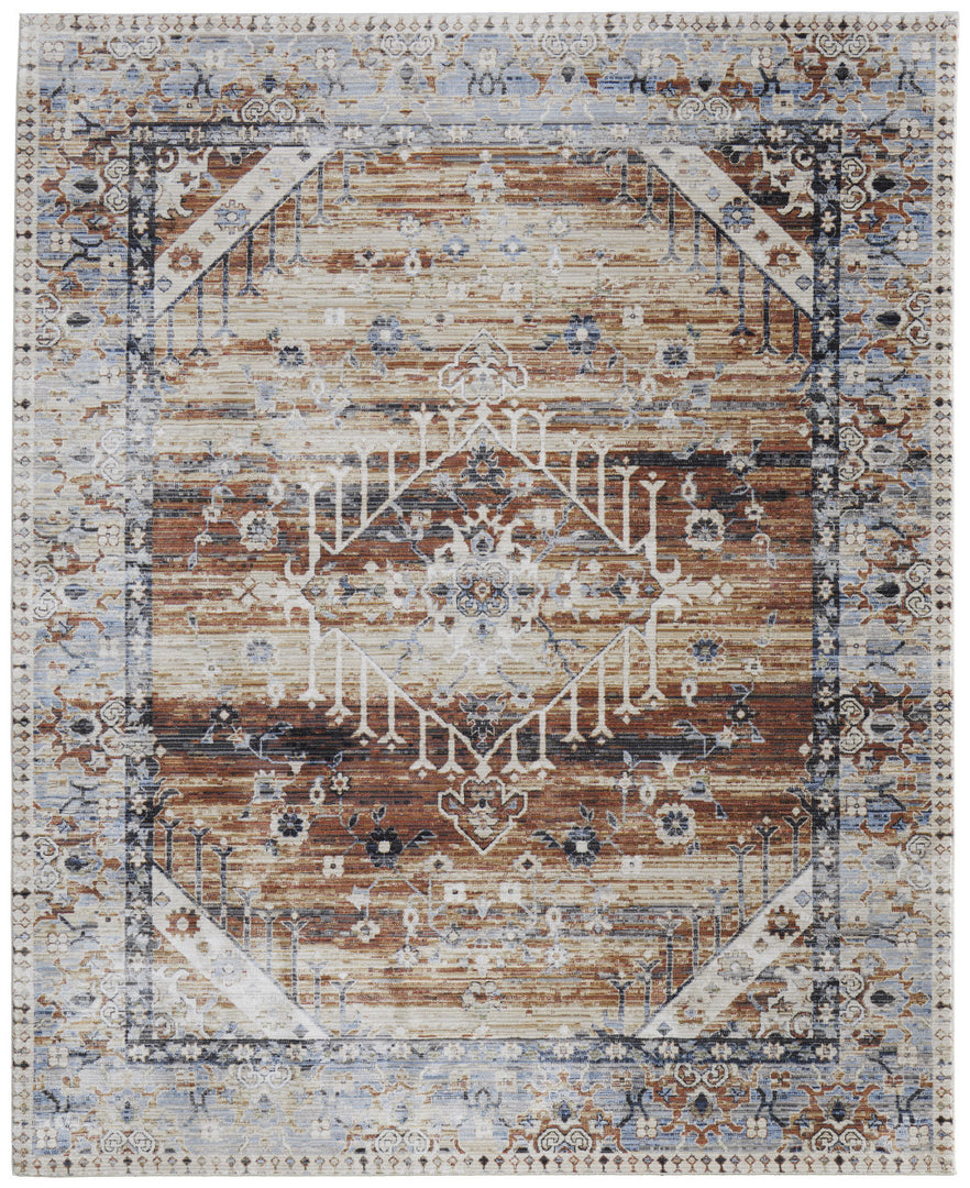 9' X 13' Ivory Red and Blue Abstract Power Loom Worn Faded Area Rug