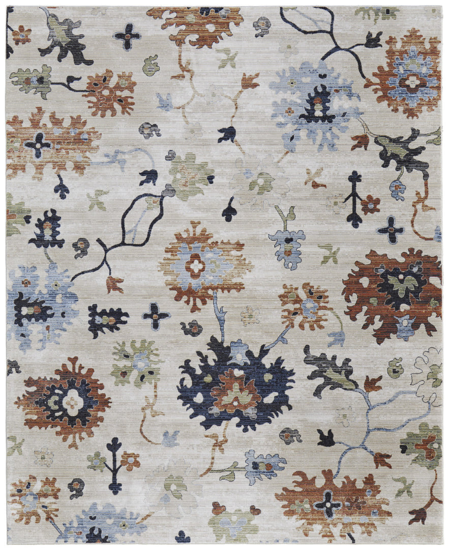 5' X 8' Ivory Red and Blue Floral Power Loom Area Rug