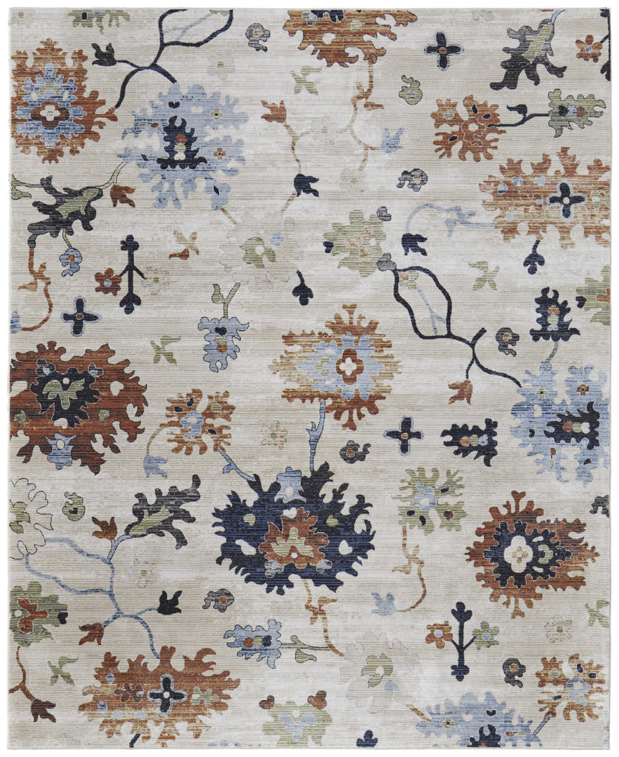 5' X 8' Ivory Red and Blue Floral Power Loom Area Rug