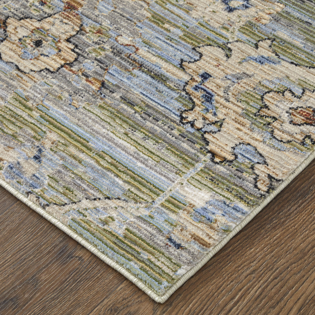 5' X 8' Ivory Green and Blue Floral Power Loom Worn Faded Area Rug