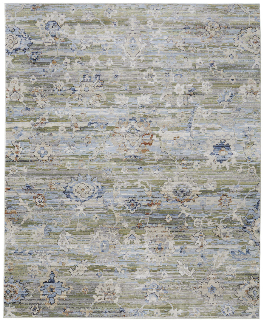 5' X 8' Ivory Green and Blue Floral Power Loom Worn Faded Area Rug