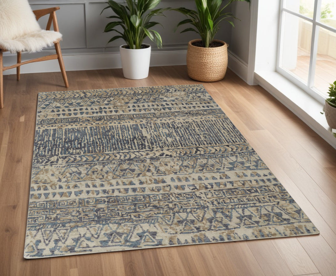 4' X 6' Gray and Blue Wool Geometric Hand Knotted Area Rug