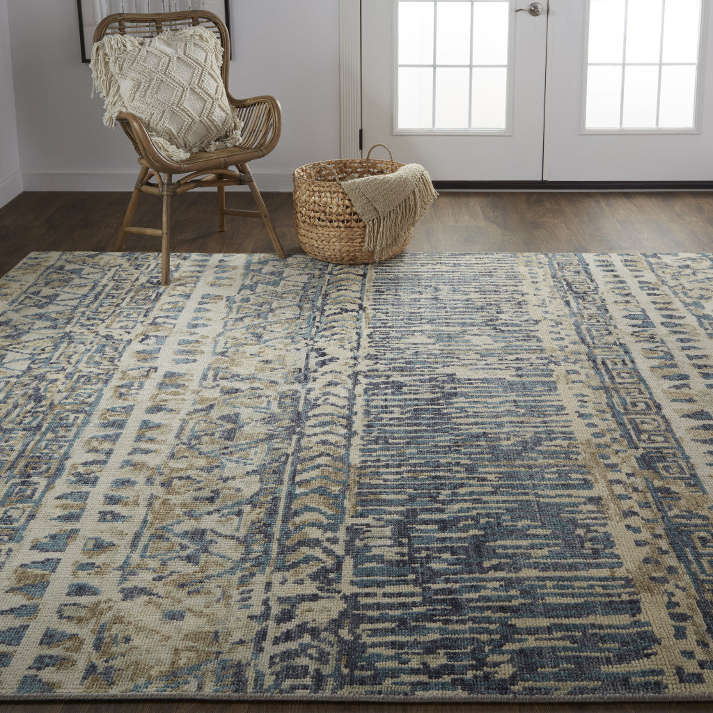 4' X 6' Gray and Blue Wool Geometric Hand Knotted Area Rug