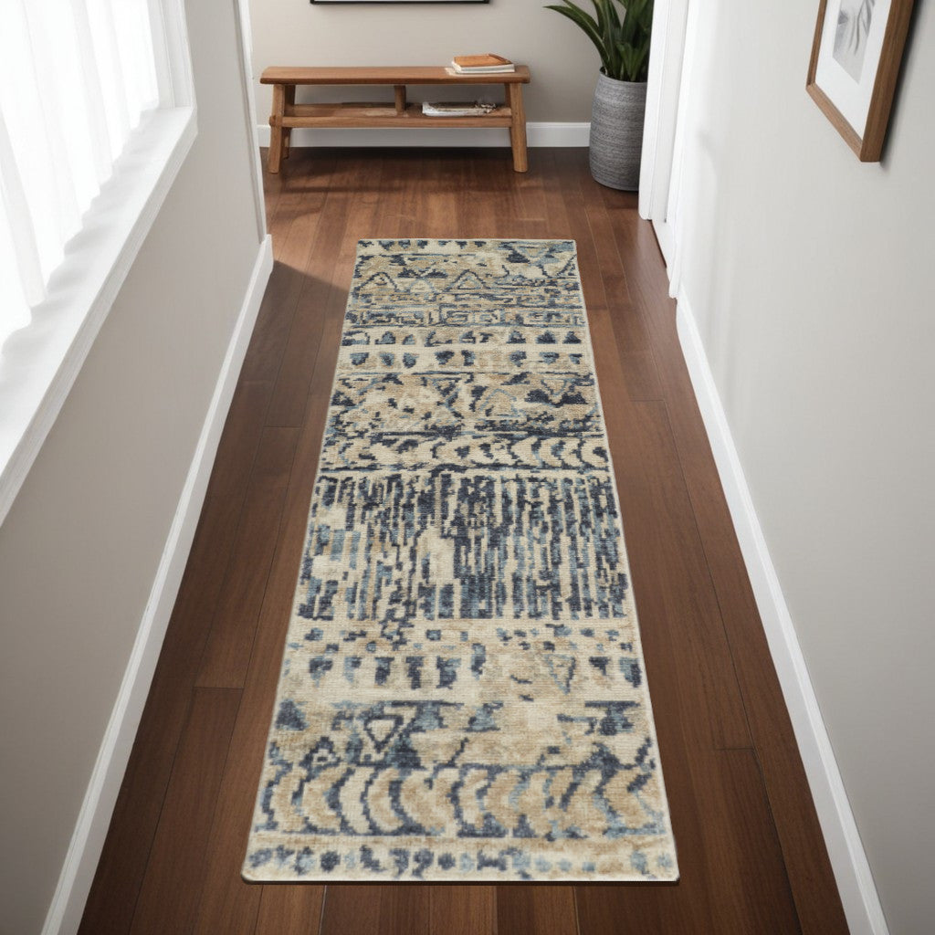 4' X 6' Gray and Blue Wool Geometric Hand Knotted Area Rug