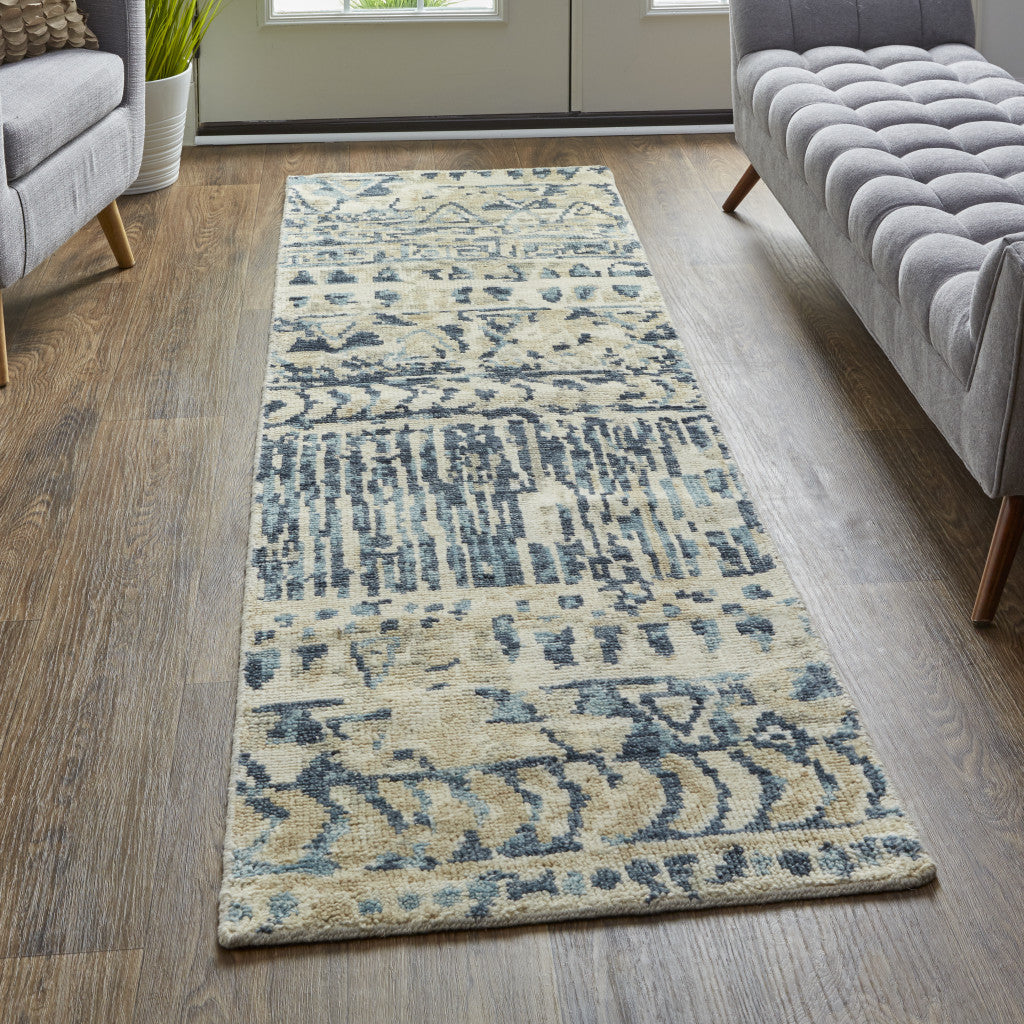 4' X 6' Gray and Blue Wool Geometric Hand Knotted Area Rug