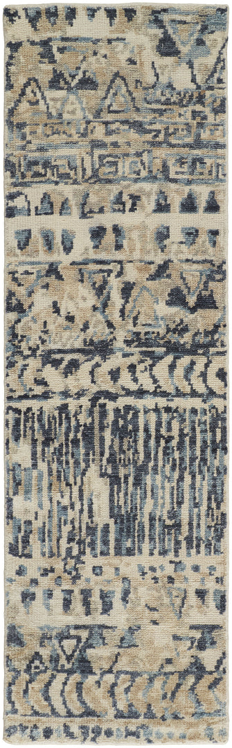 4' X 6' Gray and Blue Wool Geometric Hand Knotted Area Rug