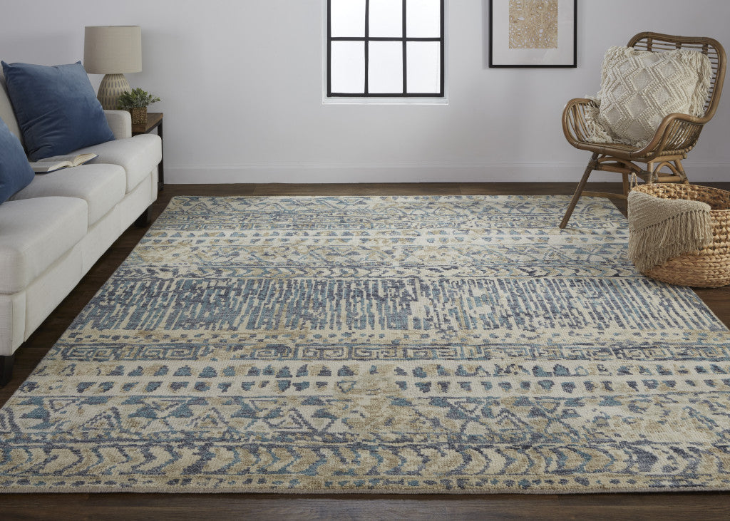 4' X 6' Gray and Blue Wool Geometric Hand Knotted Area Rug