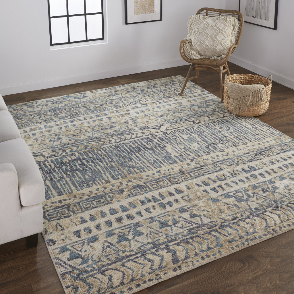 4' X 6' Gray and Blue Wool Geometric Hand Knotted Area Rug