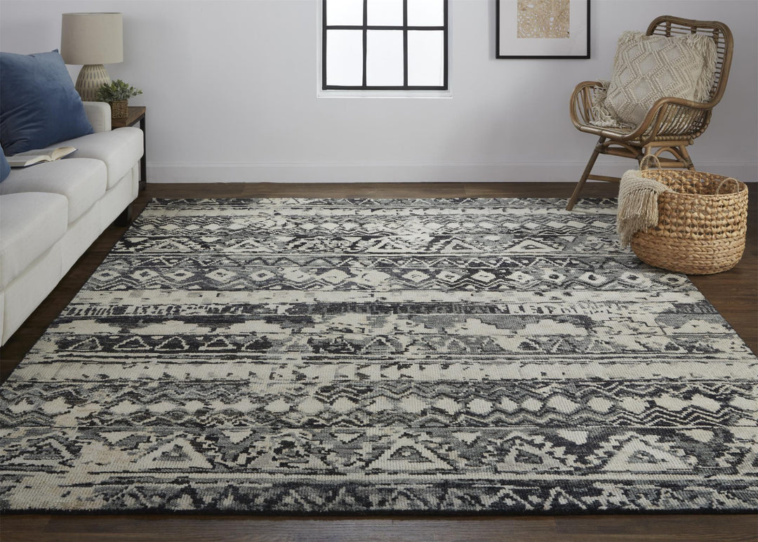 4' X 6' Ivory Gray and Black Wool Geometric Hand Knotted Area Rug