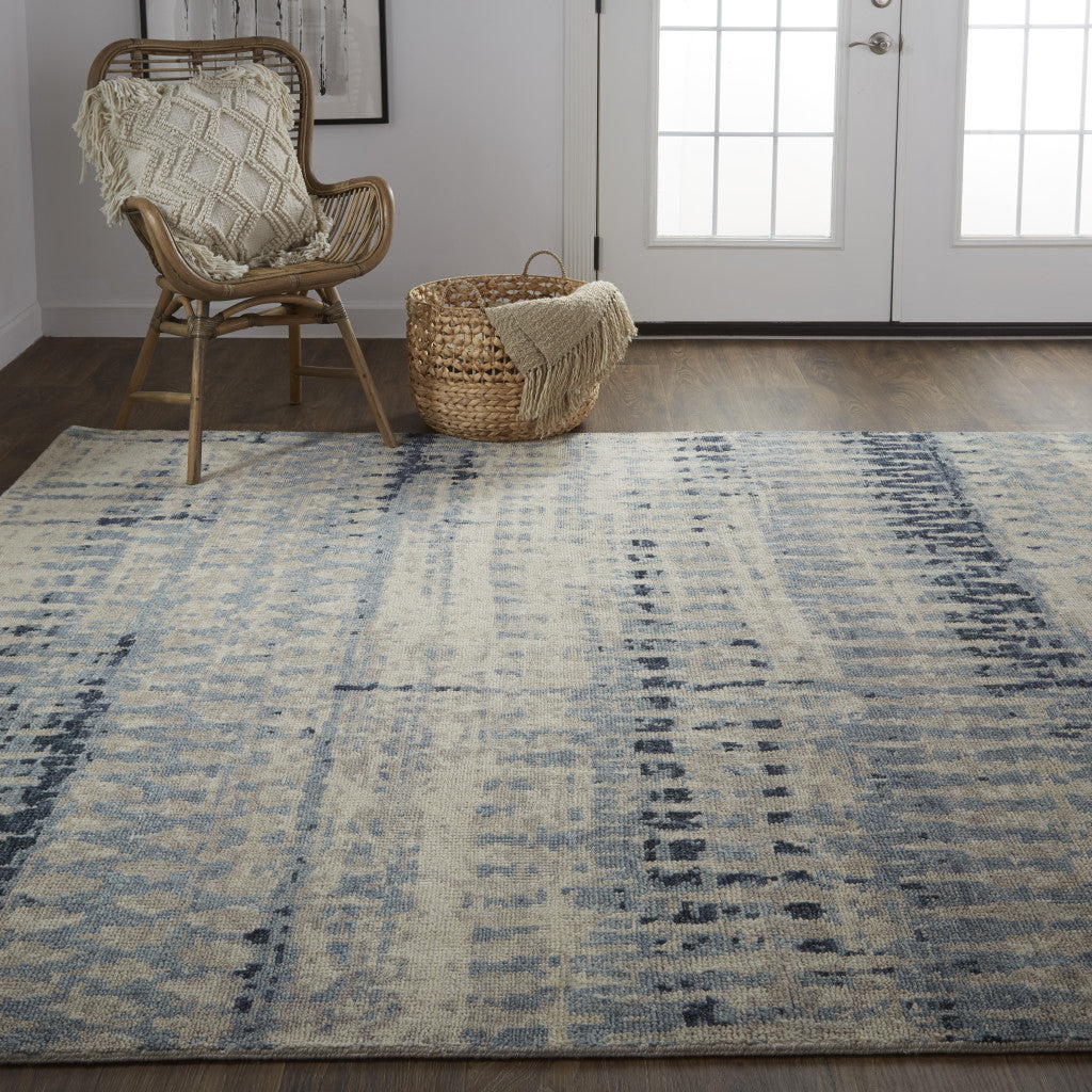 4' X 6' Gray Blue and Ivory Wool Abstract Hand Knotted Area Rug