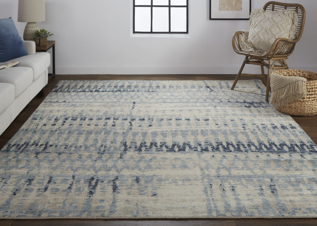 4' X 6' Gray Blue and Ivory Wool Abstract Hand Knotted Area Rug