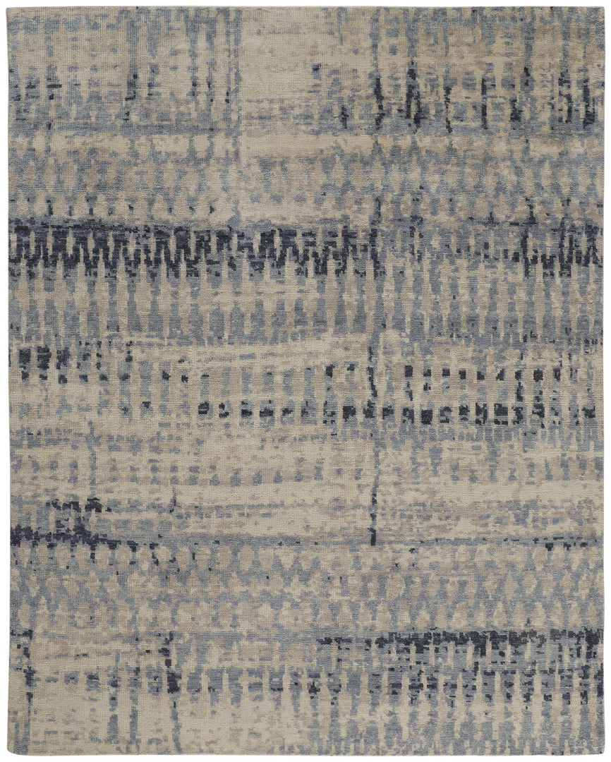 4' X 6' Gray Blue and Ivory Wool Abstract Hand Knotted Area Rug