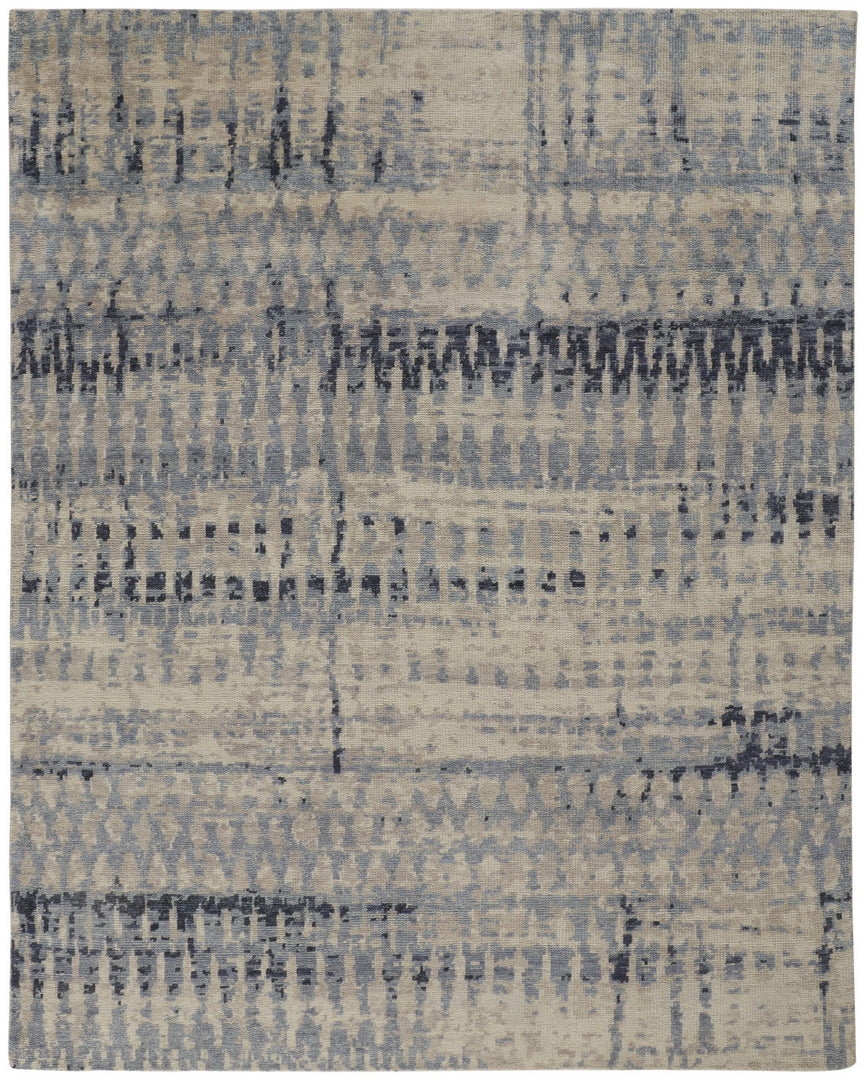 4' X 6' Gray Blue and Ivory Wool Abstract Hand Knotted Area Rug