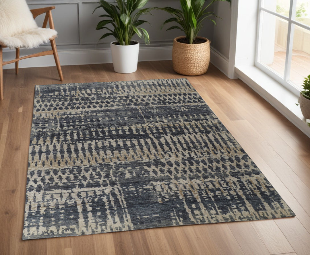 4' X 6' Blue Gray and Tan Wool Abstract Hand Knotted Area Rug