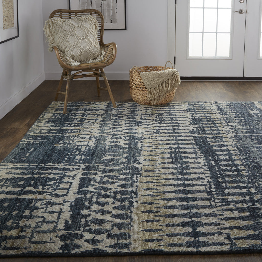 4' X 6' Blue Gray and Tan Wool Abstract Hand Knotted Area Rug