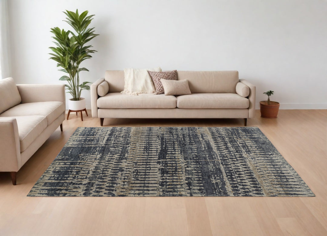 4' X 6' Blue Gray and Tan Wool Abstract Hand Knotted Area Rug