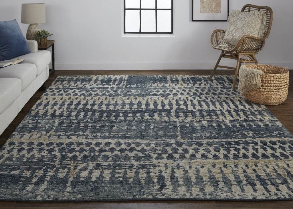 4' X 6' Blue Gray and Tan Wool Abstract Hand Knotted Area Rug