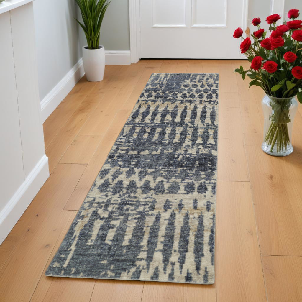 4' X 6' Blue Gray and Tan Wool Abstract Hand Knotted Area Rug