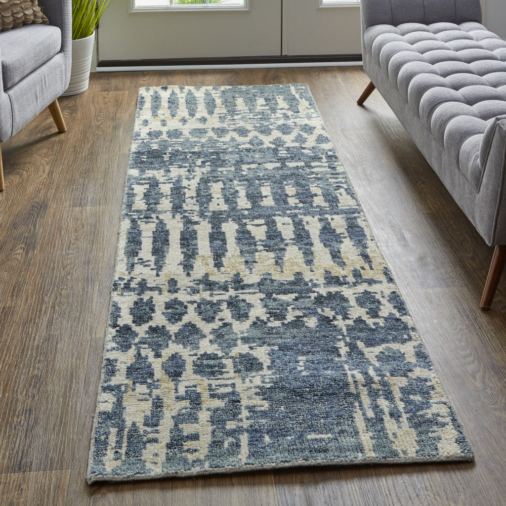 4' X 6' Blue Gray and Tan Wool Abstract Hand Knotted Area Rug