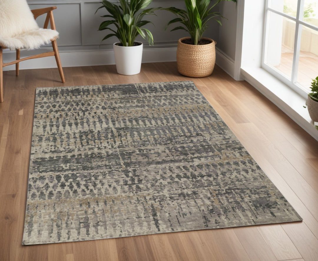 4' X 6' Blue Gray and Tan Wool Abstract Hand Knotted Area Rug