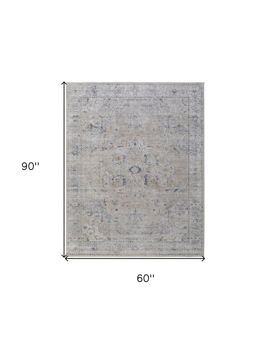 5' X 8' Ivory Taupe and Blue Oriental Power Loom Worn Faded Area Rug With Fringe