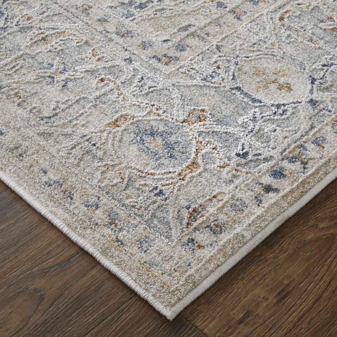 5' X 8' Ivory Taupe and Blue Oriental Power Loom Worn Faded Area Rug With Fringe