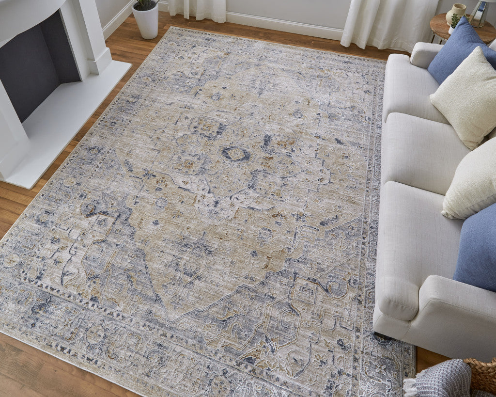 5' X 8' Ivory Taupe and Blue Oriental Power Loom Worn Faded Area Rug With Fringe