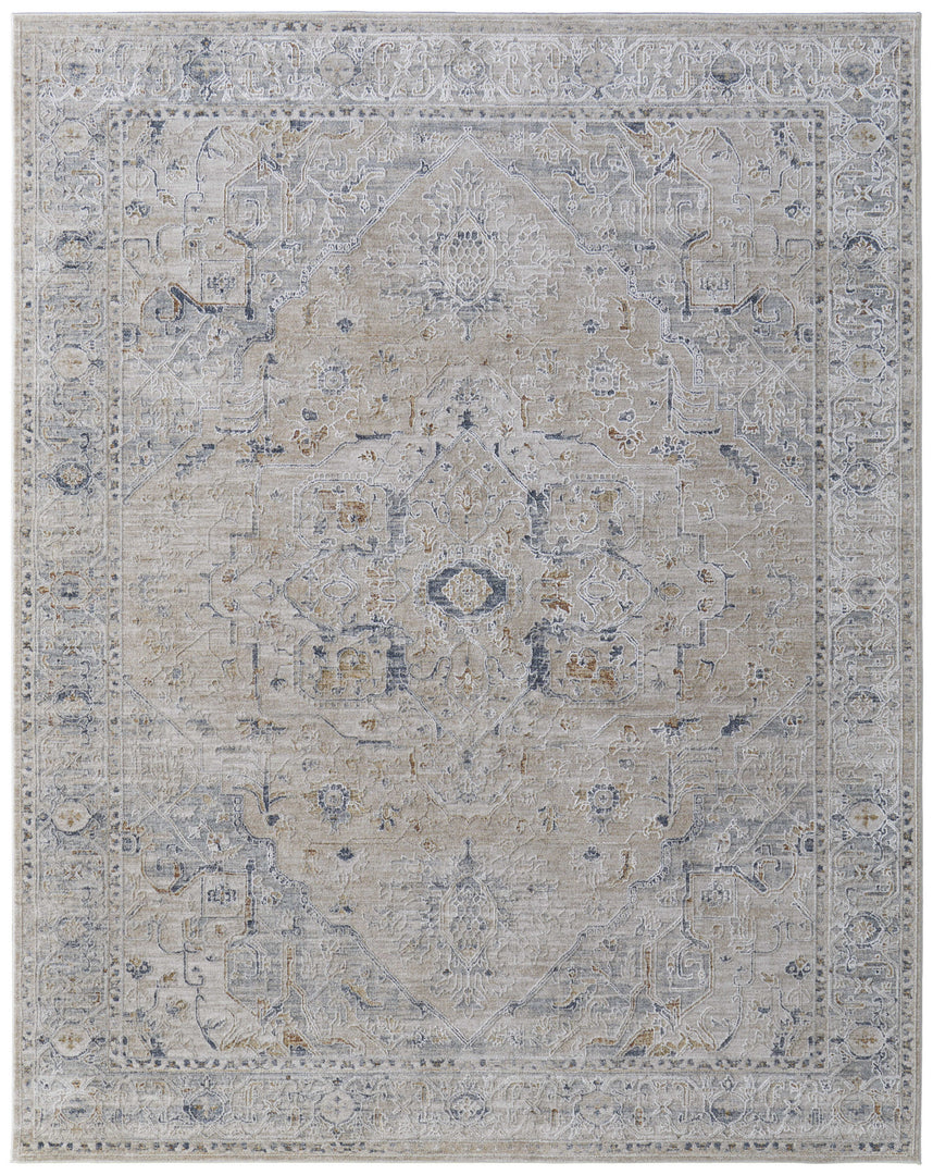 5' X 8' Ivory Taupe and Blue Oriental Power Loom Worn Faded Area Rug With Fringe