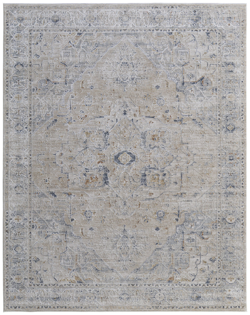 5' X 8' Ivory Taupe and Blue Oriental Power Loom Worn Faded Area Rug With Fringe