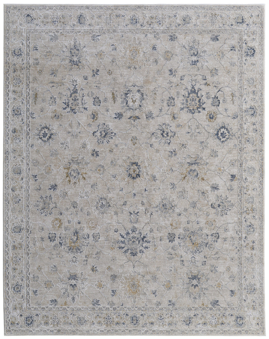 5' X 8' Ivory Taupe and Blue Floral Power Loom Worn Faded Area Rug With Fringe