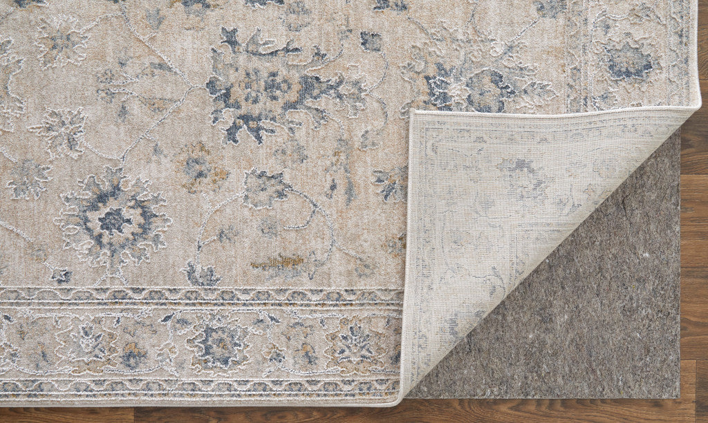 5' X 8' Ivory Taupe and Blue Floral Power Loom Worn Faded Area Rug With Fringe