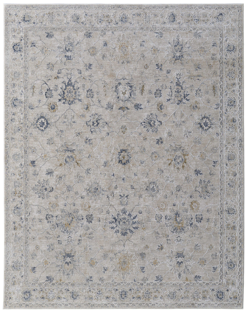 5' X 8' Ivory Taupe and Blue Floral Power Loom Worn Faded Area Rug With Fringe