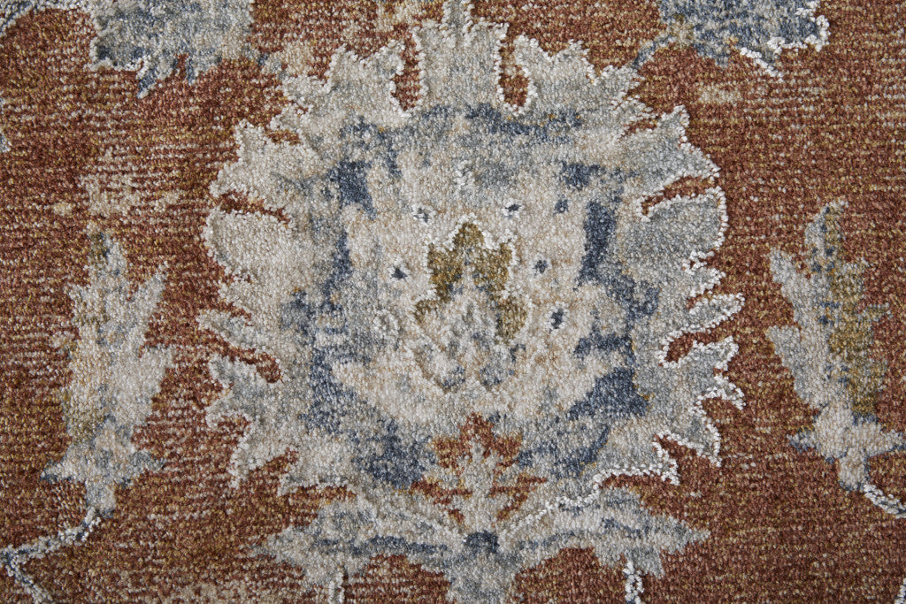 5' X 8' Ivory Taupe and Blue Floral Power Loom Worn Faded Area Rug With Fringe