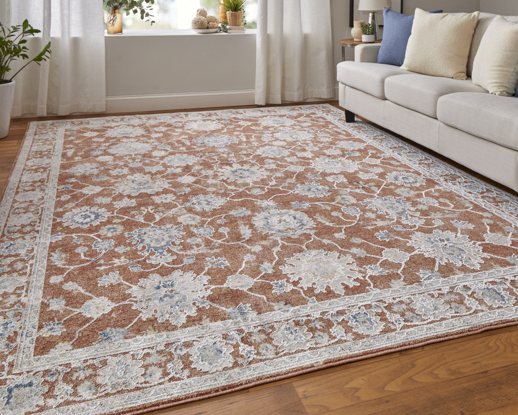 5' X 8' Ivory Taupe and Blue Floral Power Loom Worn Faded Area Rug With Fringe