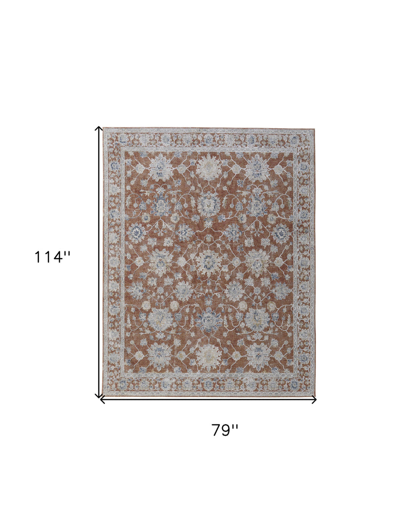 5' X 8' Ivory Taupe and Blue Floral Power Loom Worn Faded Area Rug With Fringe