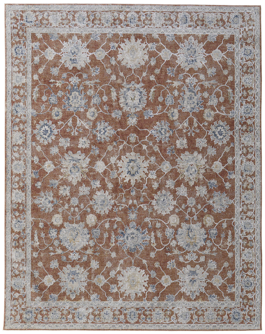 5' X 8' Ivory Taupe and Blue Floral Power Loom Worn Faded Area Rug With Fringe