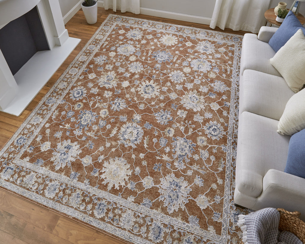 5' X 8' Ivory Taupe and Blue Floral Power Loom Worn Faded Area Rug With Fringe