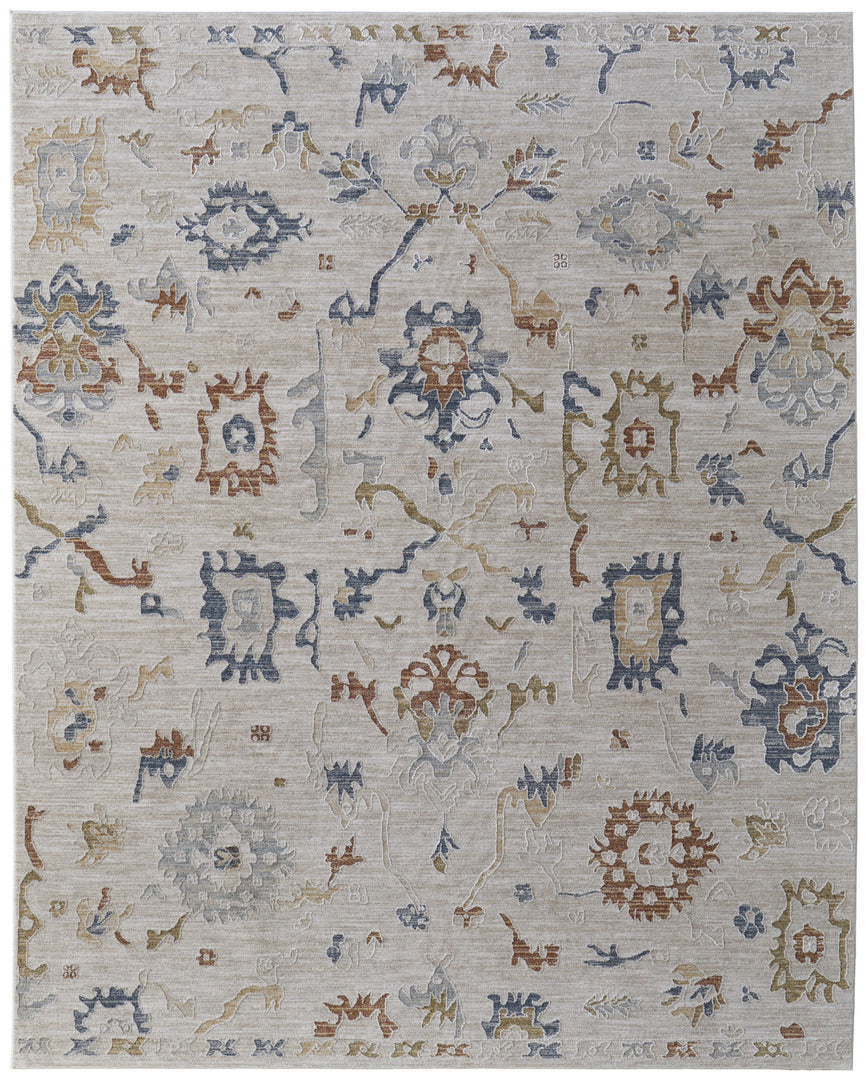 5' X 8' Ivory Blue and Gold Floral Power Loom Worn Faded Area Rug With Fringe