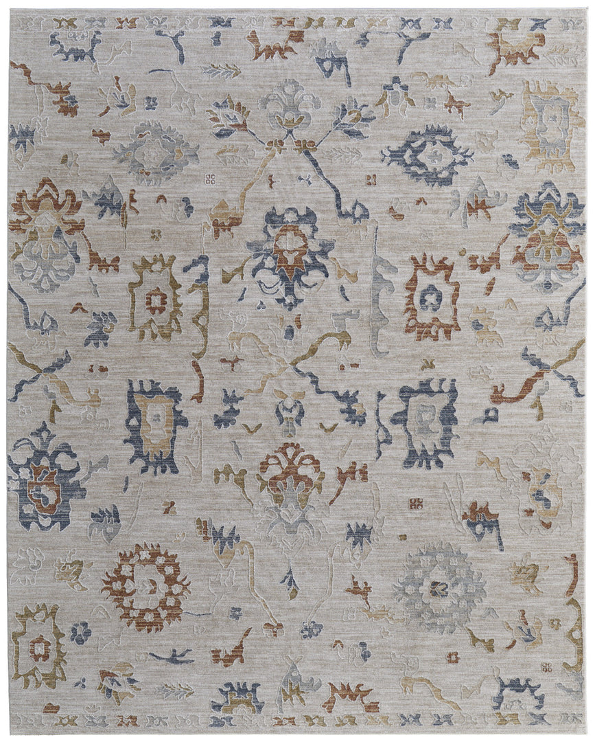 5' X 8' Ivory Blue and Gold Floral Power Loom Worn Faded Area Rug With Fringe