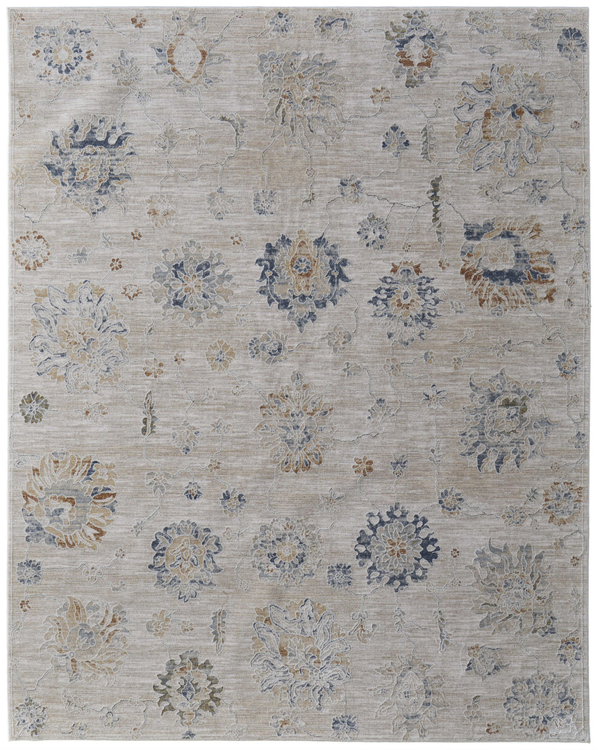 5' X 8' Ivory Taupe and Blue Floral Power Loom Worn Faded Area Rug With Fringe