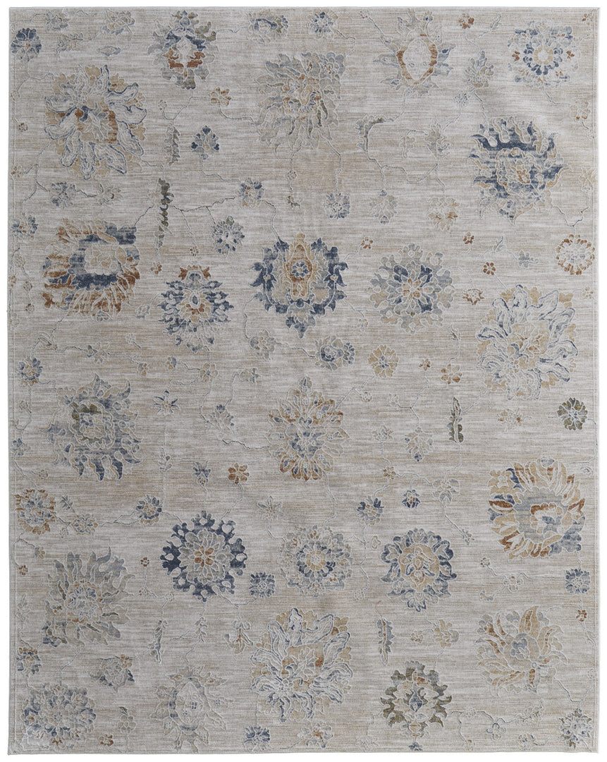 5' X 8' Ivory Taupe and Blue Floral Power Loom Worn Faded Area Rug With Fringe