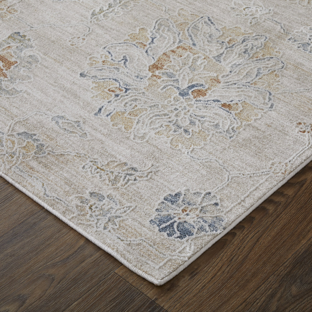 5' X 8' Ivory Taupe and Blue Floral Power Loom Worn Faded Area Rug With Fringe