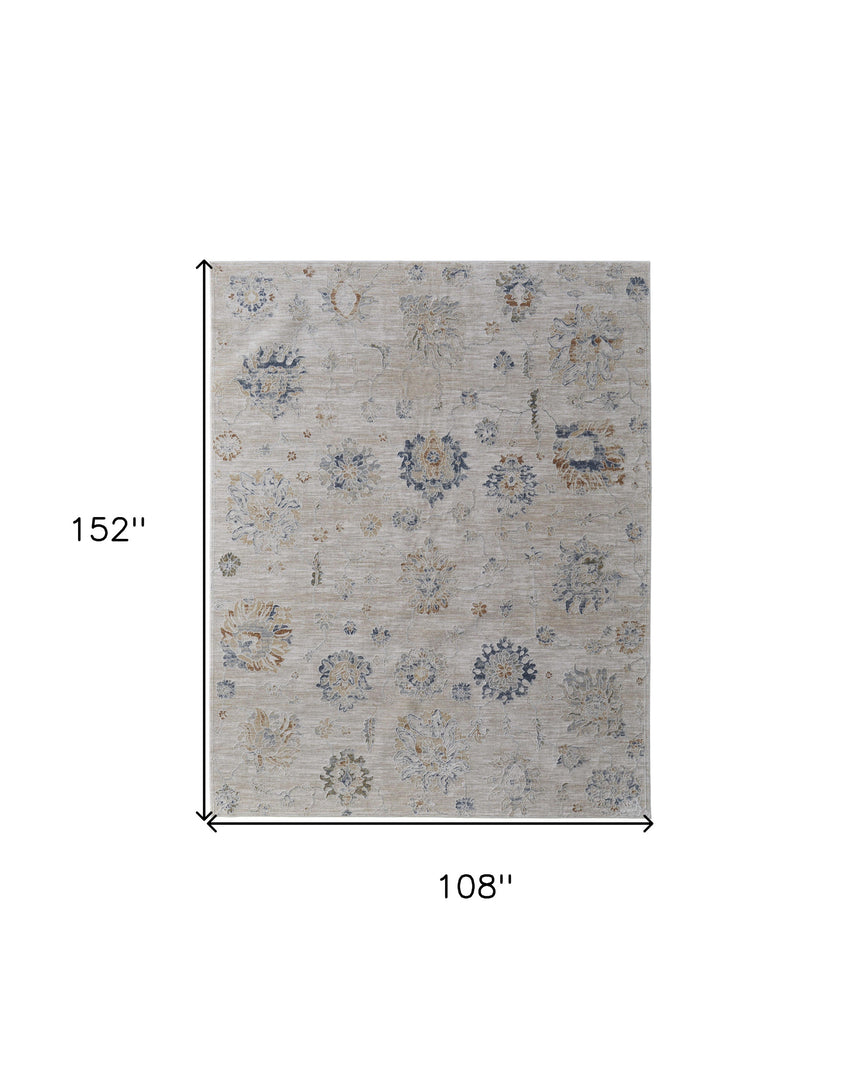 5' X 8' Ivory Taupe and Blue Floral Power Loom Worn Faded Area Rug With Fringe