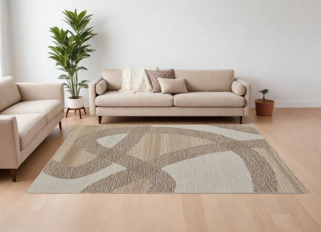 4' X 6' Brown Tan and Ivory Wool Abstract Hand Tufted Area Rug