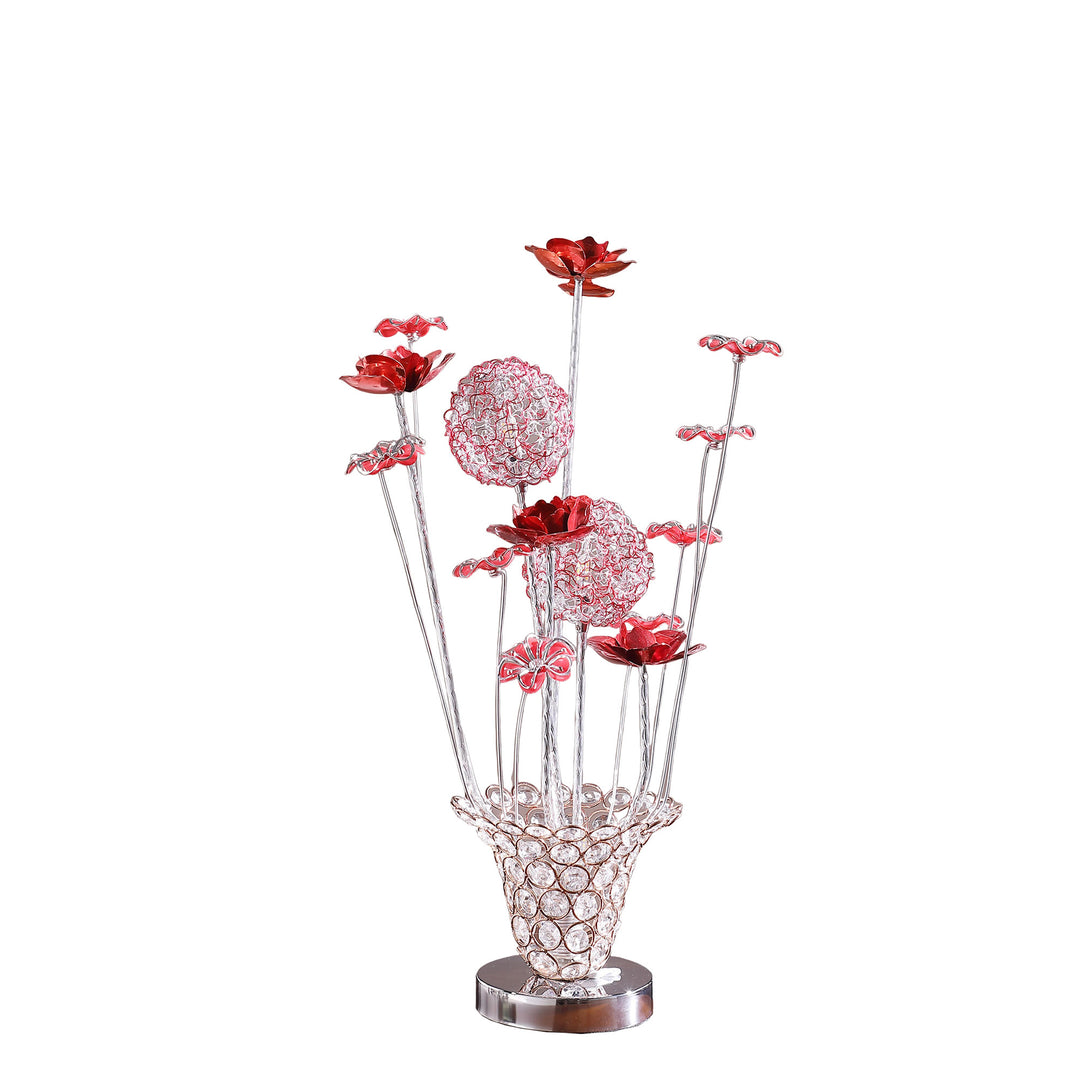 21" Silver and Clear Metal and Faux Crystal Red Roses Bedside Lamp