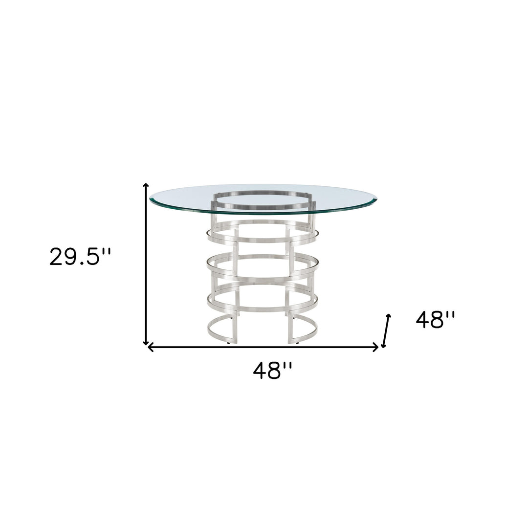 48-Inch Modern Clear Glass and Silver Stainless Steel Pedestal Dining Table