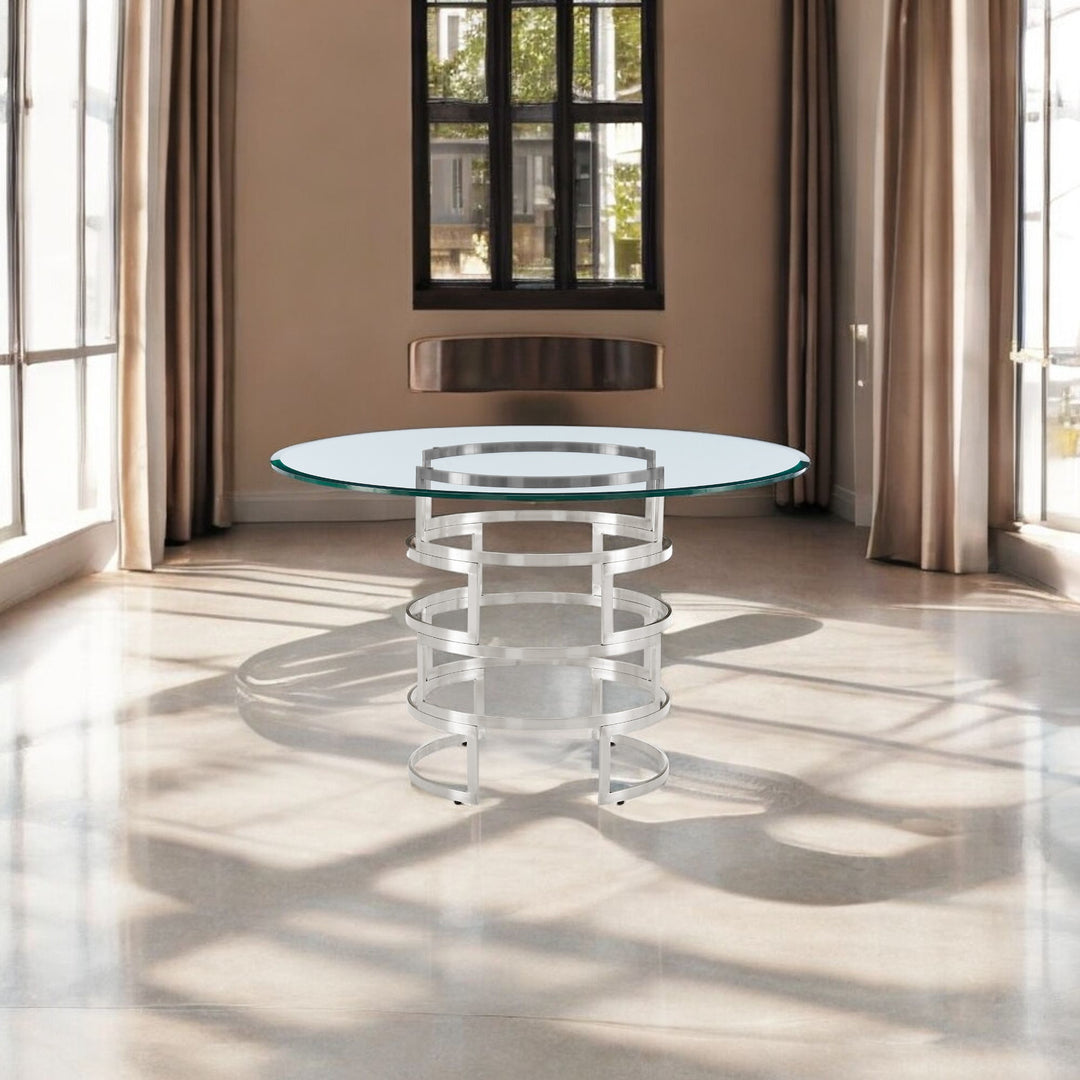 48-Inch Modern Clear Glass and Silver Stainless Steel Pedestal Dining Table