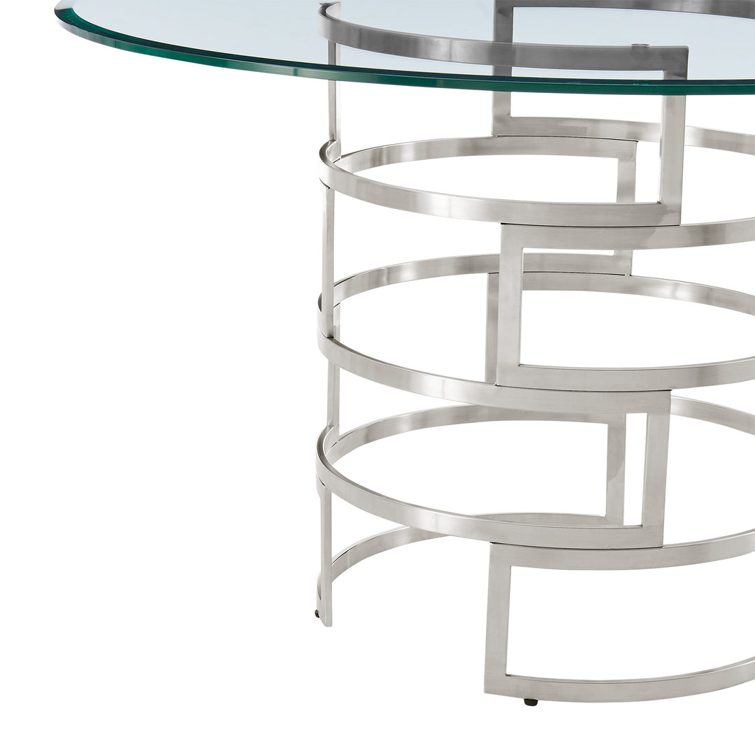 48-Inch Modern Clear Glass and Silver Stainless Steel Pedestal Dining Table