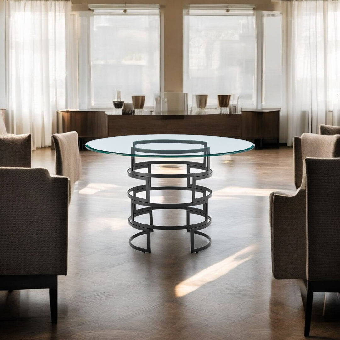 48-Inch Modern Round Glass Dining Table with Black Iron Pedestal Base